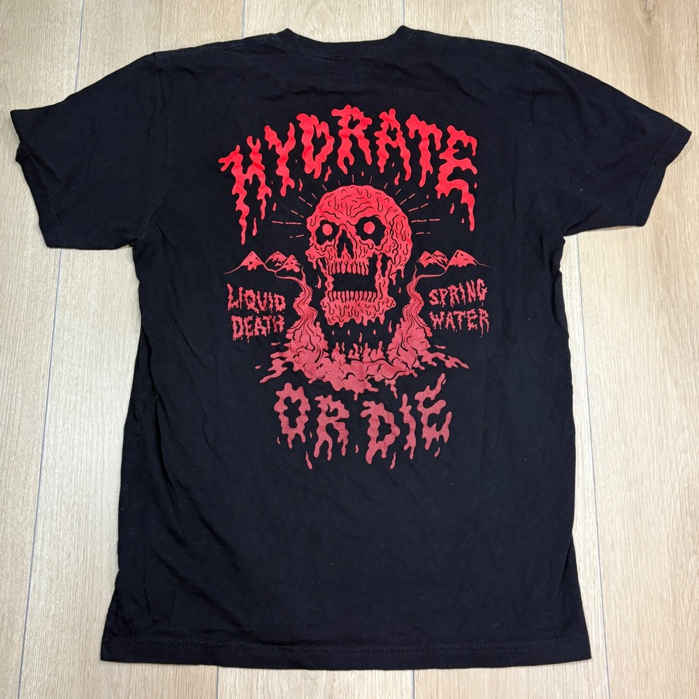 Liquid Death Hydrate Or Die Skull Graphic T-Shirt Mens Medium Black Red Water
